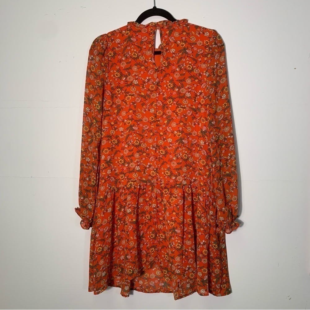 Melloday Ruffle Neck Longsleeve Pleated Dress Orange Floral Nordstrom size XS - Picture 3 of 7